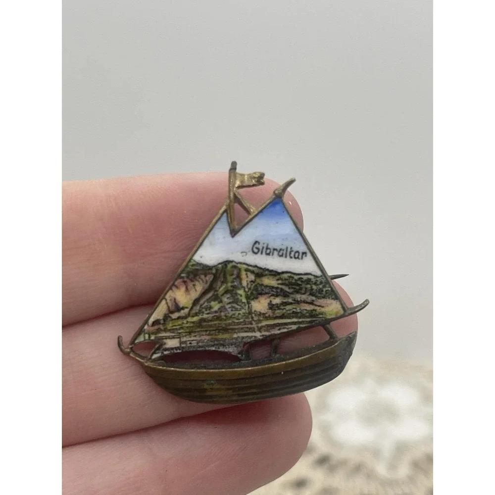 Vintage Gibraltar Enameled Sailing Ship Brooch Pin‎